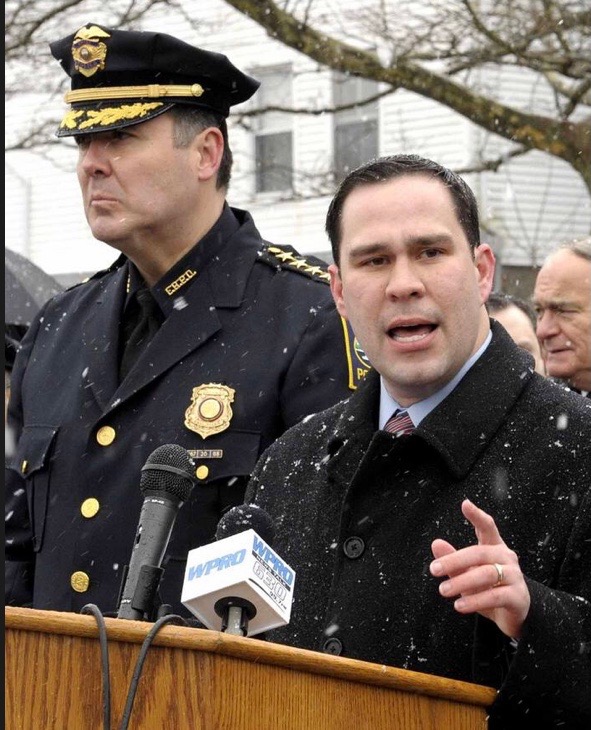 Mayor Flanagan at a public safety press conference alongside the Fall River Police Chief