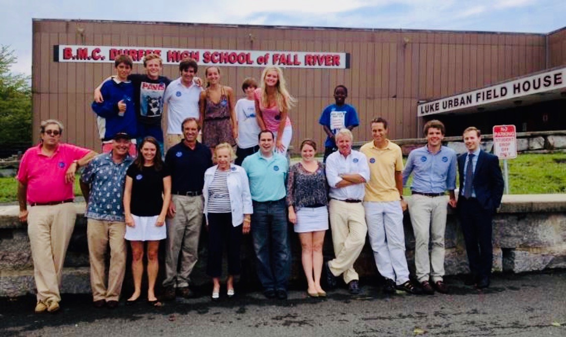 Will Flanagan with campaign volunteers at Luke Urban Field House in Fall River